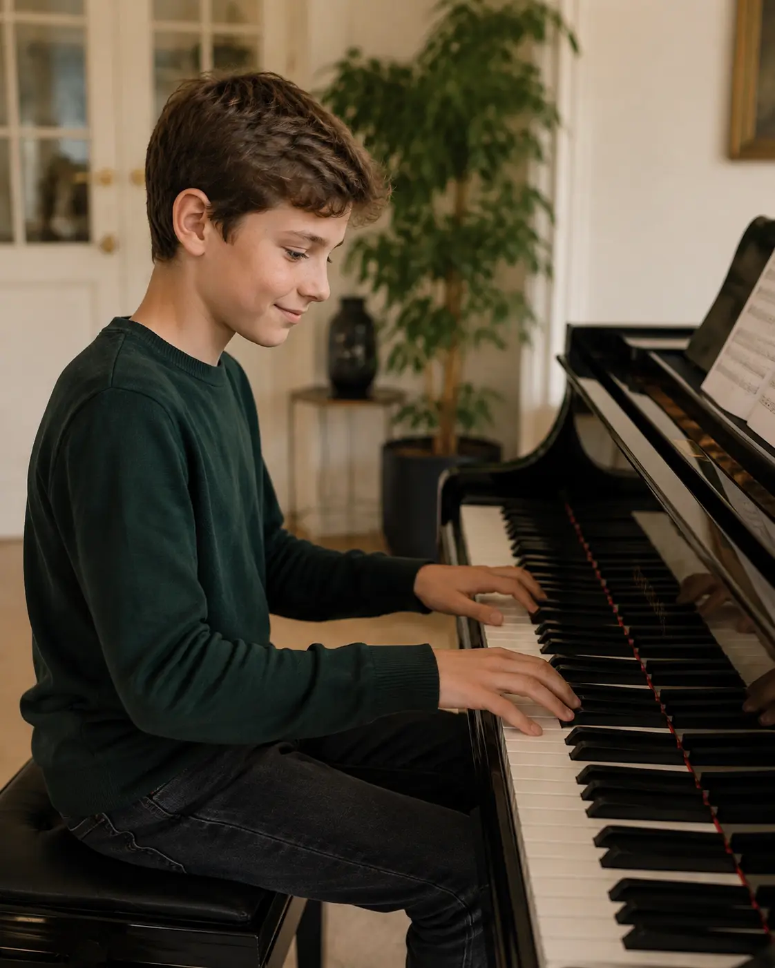 Ein junger Schüler übt mit Freude am Klavier